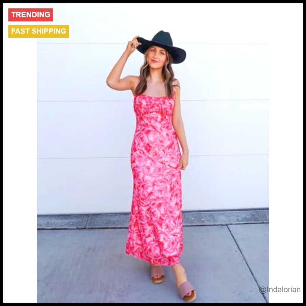 Floral Maxi Dress Sleeveless Square Neck Bodycon Boho Beach Summer Chic - Picture 5 of 7